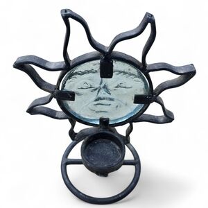 Vintage Wrought Iron Sun Face Candle Holder | Glass Celestial Decor Boho